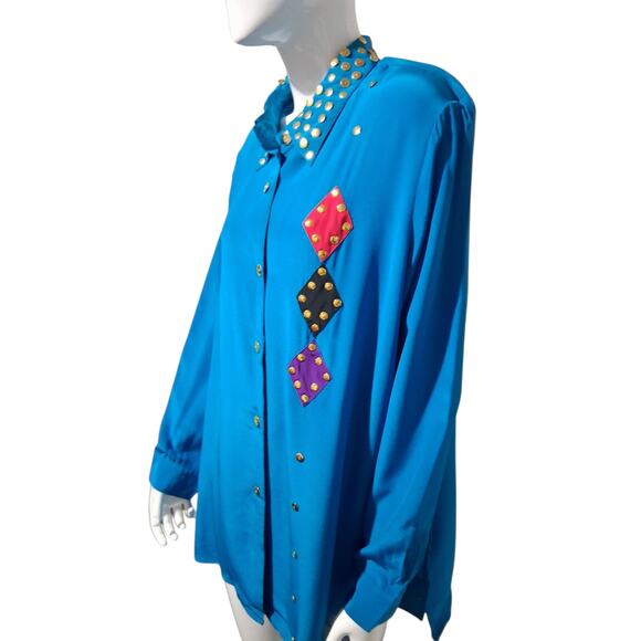 Vintage Diane Gilman 100% Silk Womens size 1X Diamond Patchwork Button Up Top - Picture 2 of 12